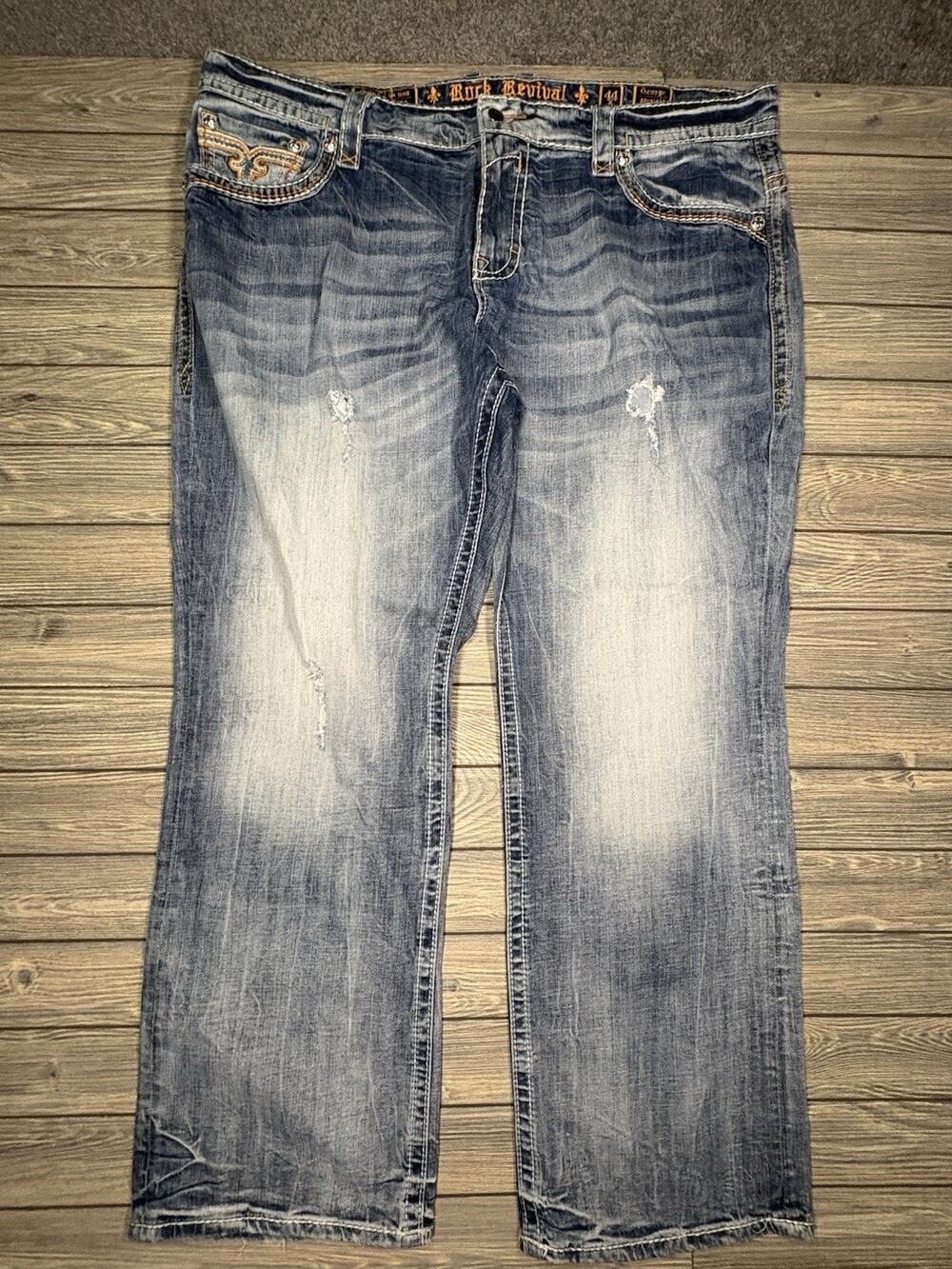 Rock Revival George Straight Medium Wash Distressed Jeans 44X32 Vintage Y2K